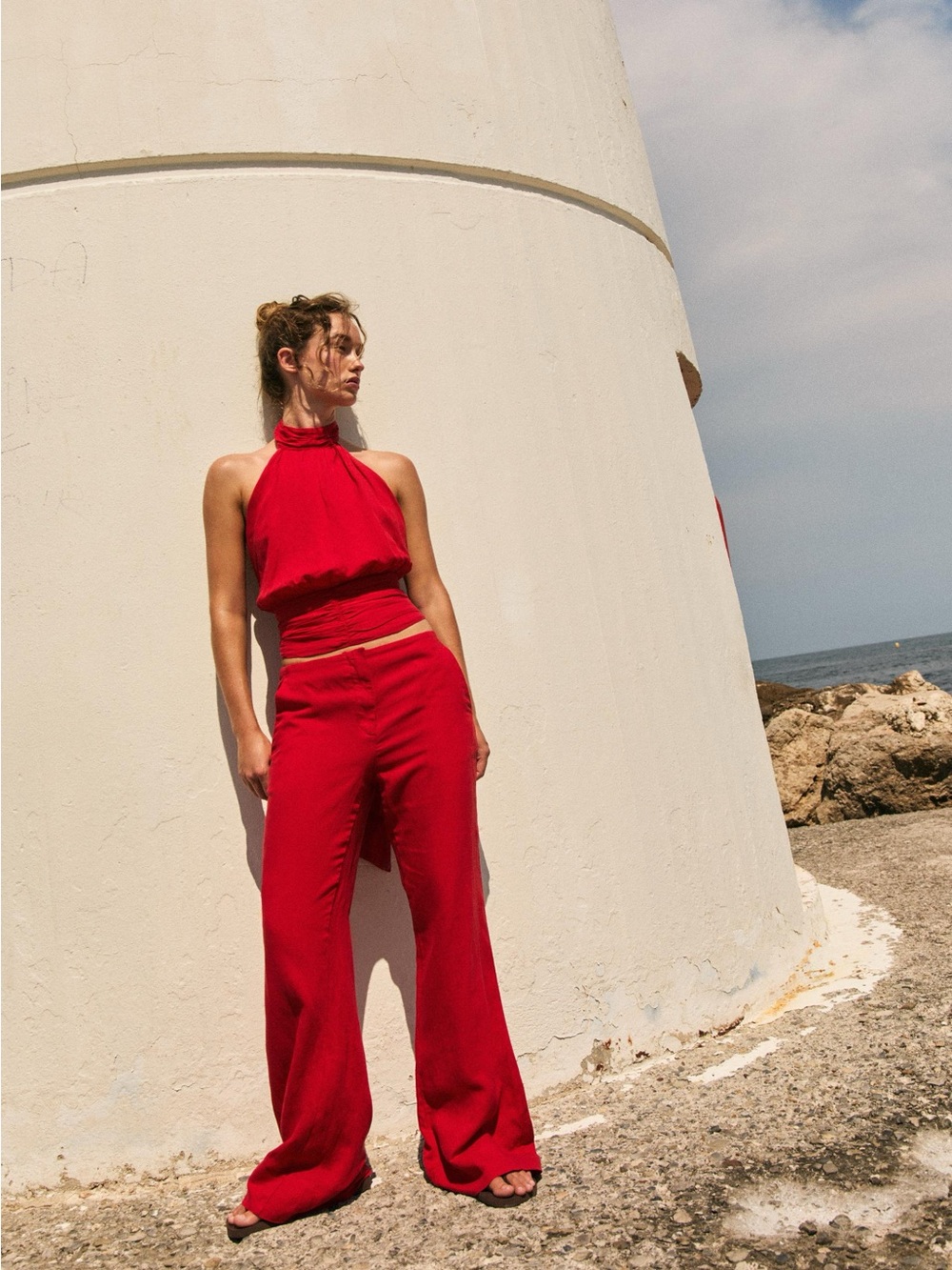 Zara Red Wide-Leg High-Rise Pants